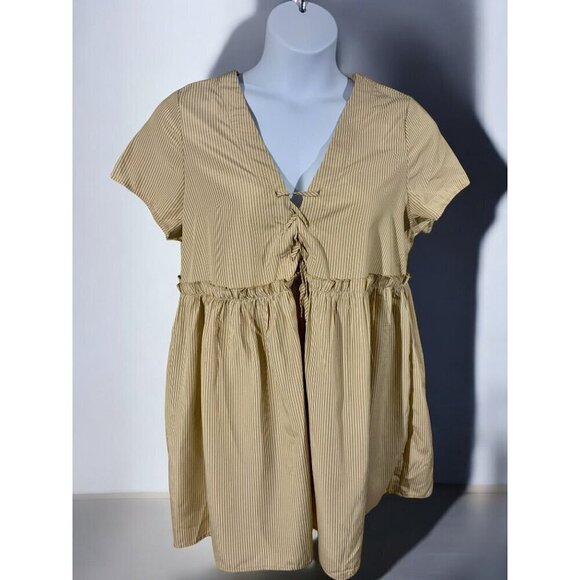 Shein Vcay Collection Curve 1XL NEW Babydoll V Neck Brown Striped Mini Dress - Picture 1 of 8
